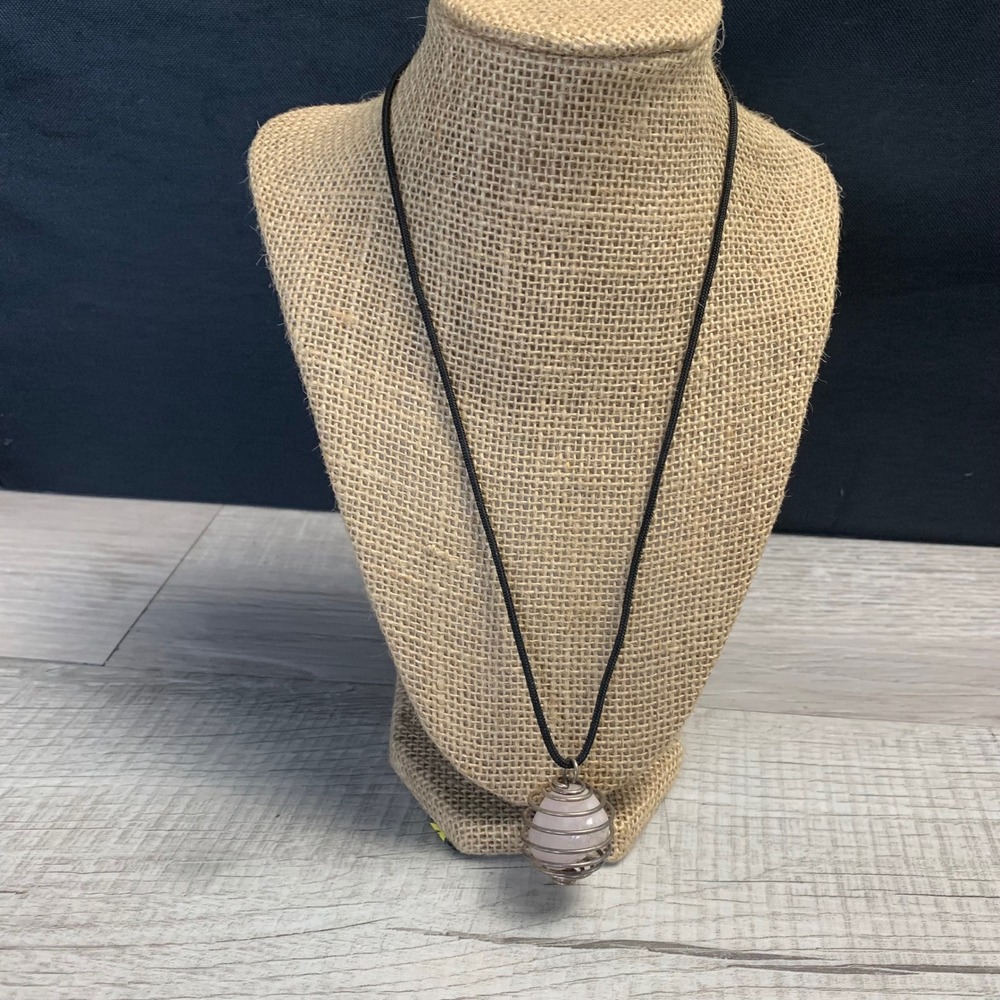 Rose Quartz Spiral Cage Pendant Necklace Black Cord Boho Crystal Jewelry 22in
